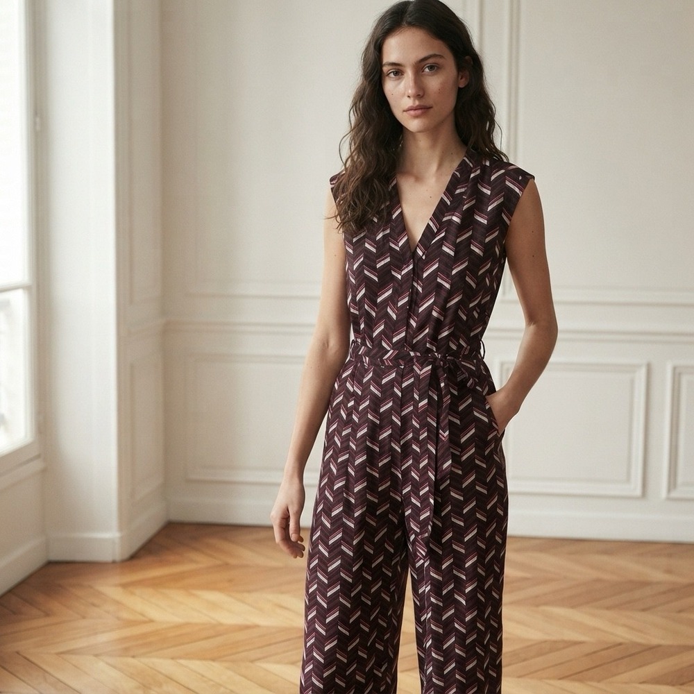 Michael Kors Womens Geometric Chevron Print Sleeveless V-Neck Jumpsuit Plum L